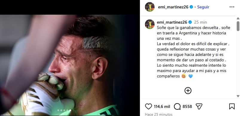 El Dibu se sumó a los jugadores de la Selección que eligieron las redes para expresar sus emociones tras el partido (Foto: @emi_martinez26)