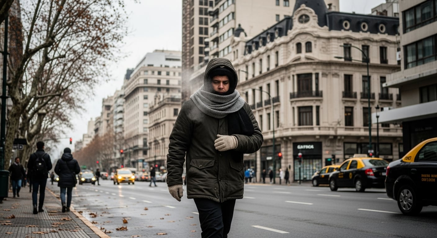 La imagen muestra a un hombre caminando abrigado con campera y bufanda en una calle de la ciudad de Buenos Aires, donde su aliento es visible por las bajas temperaturas. (Imagen Ilustrativa Infobae)