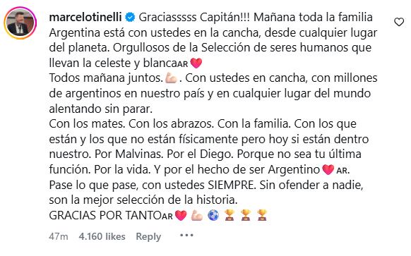 Marcelo Tinelli apoyó a Lionel Messi en Instagram antes de la final del Mundial 2026 y afirmó que toda la familia argentina está con la Selección