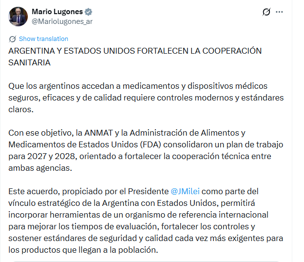 Mario Lugones dio detalles del encuentro con autoridades de la ANMAT y la FDA
