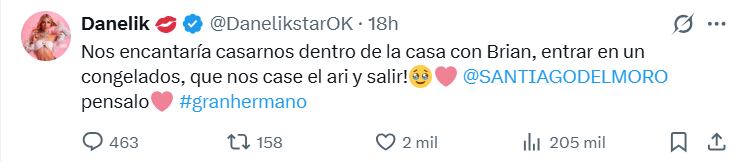 La propuesta de casamiento en Gran Hermano fue difundida por Danelik en X con la idea de entrar en un Congelados