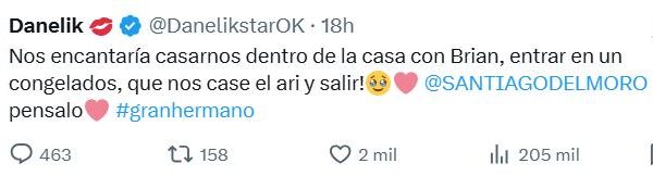 El sorprendente pedido de boda que Danelik y Brian Sarmiento le hicieron a Gran Hermano, tras su mudanza juntos
