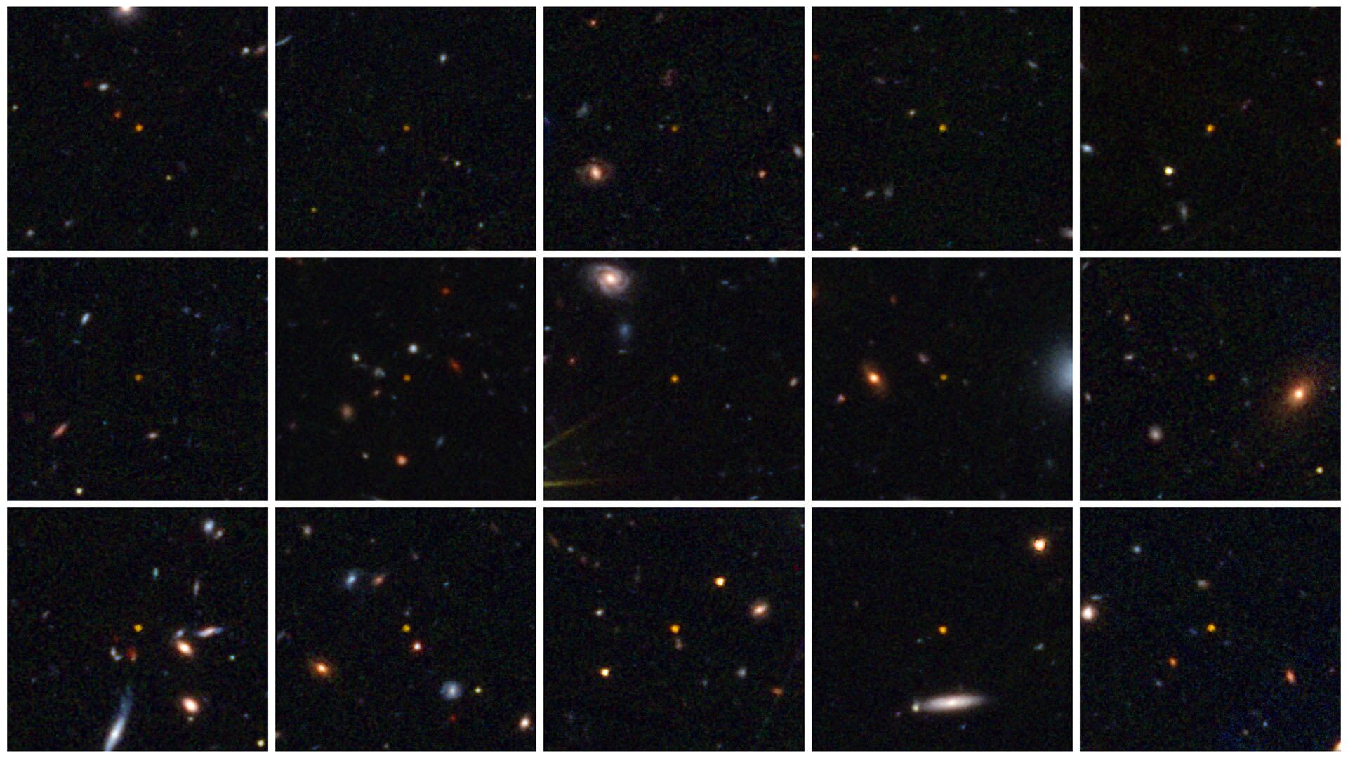 Una grilla de imágenes del telescopio espacial Euclid muestra los 31 cuásares antiguos detectados, cada uno identificado con una etiqueta alfanumérica única (ESA)