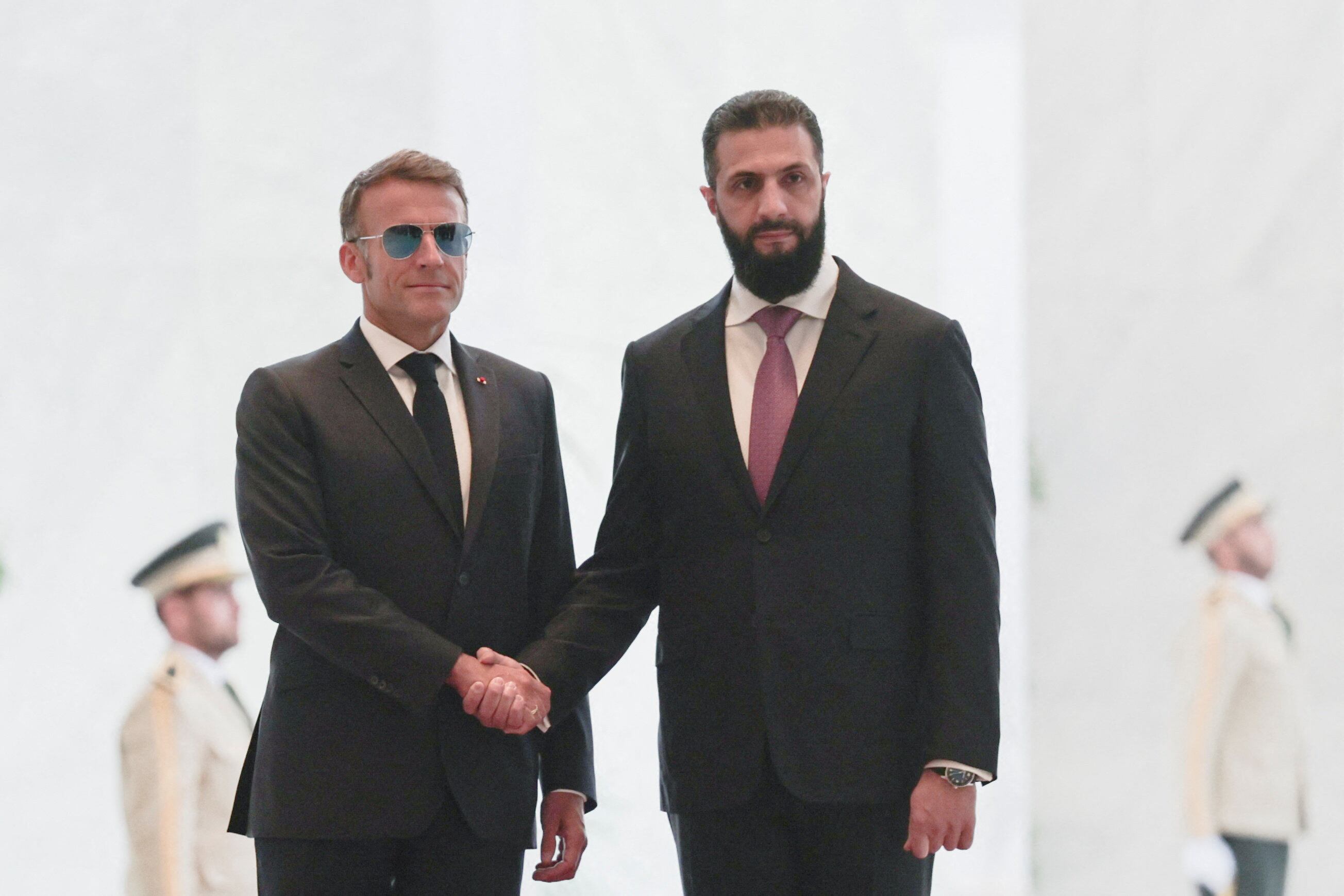 France's President Emmanuel Macron meets Syrian President Ahmed Al-Sharaa at the People's Palace in Damascus, Syria, July 7, 2026. REUTERS/Mahmoud Hassano