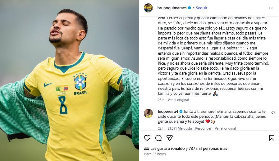El posteo de Bruno Guimaraes en su cuenta de Instagram