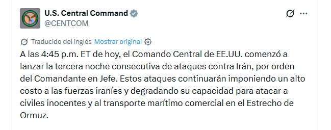Una publicación oficial del Comando Central de Estados Unidos detalla la tercera noche de ataques contra fuerzas iraníes en el Estrecho de Ormuz para degradar su capacidad militar.
