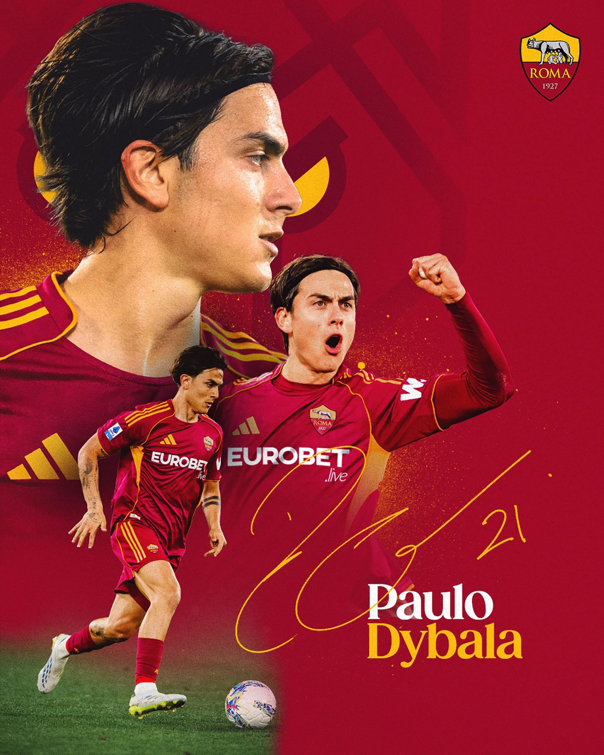 El futbolista Paulo Dybala de la Roma aparece en una composición gráfica que incluye un retrato, una imagen de celebración y otra en acción con un balón.