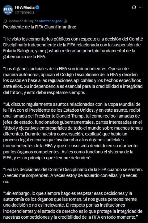El comunicado de Infantino sobre el caso Balogun