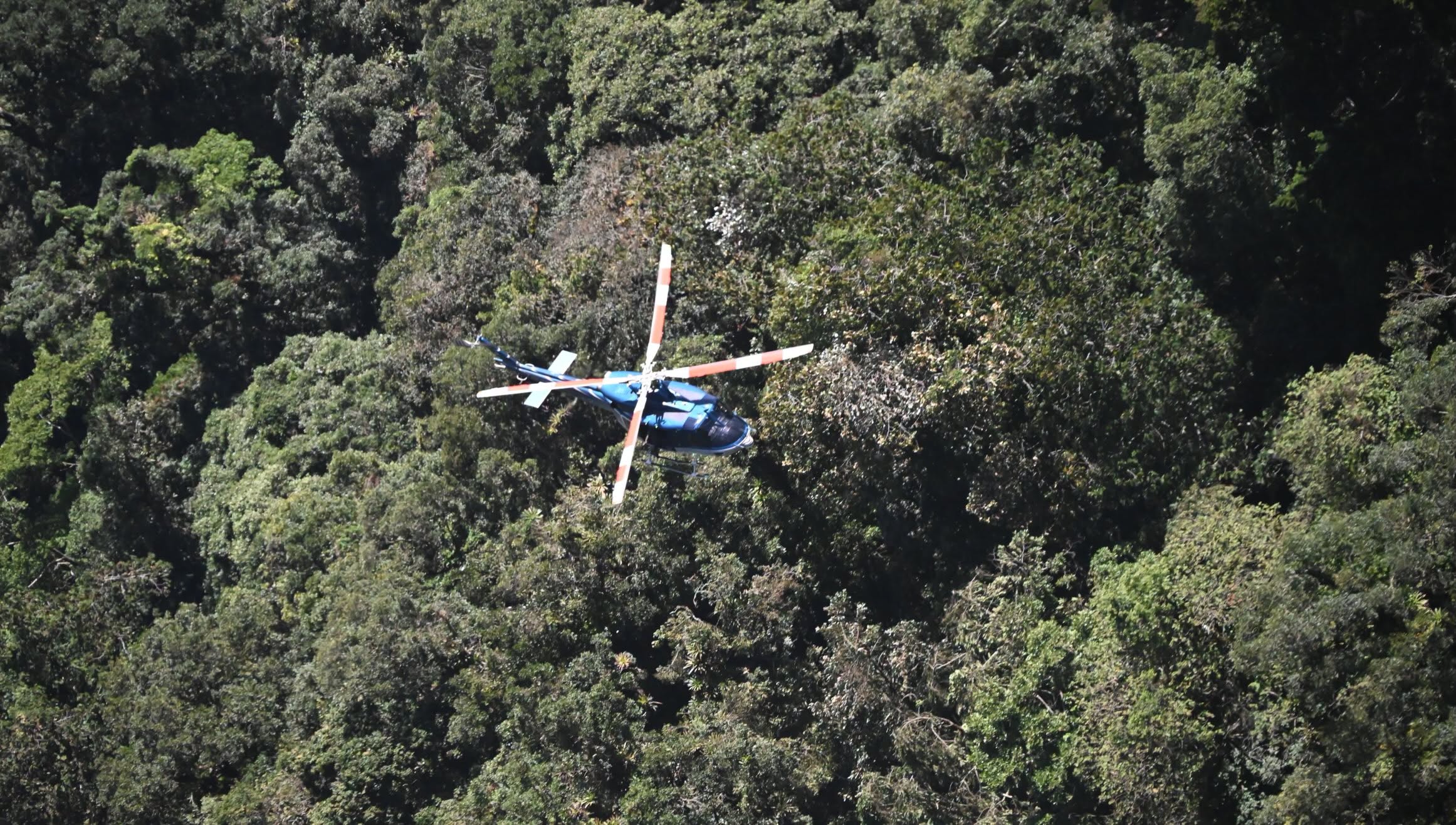 Un helicóptero azul sobrevuela un área extensa de vegetación densa y árboles verdes. (Ejército de Guatemala)