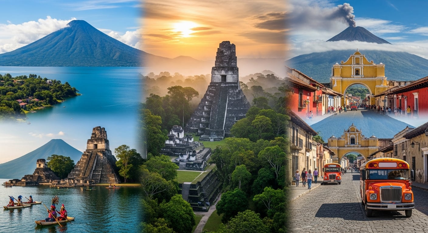 Un collage vibrante destaca los principales atractivos de Guatemala, desde sus majestuosos volcanes y lagos hasta las milenarias ruinas Mayas y la colonial Antigua. (Imagen Ilustrativa Infobae)