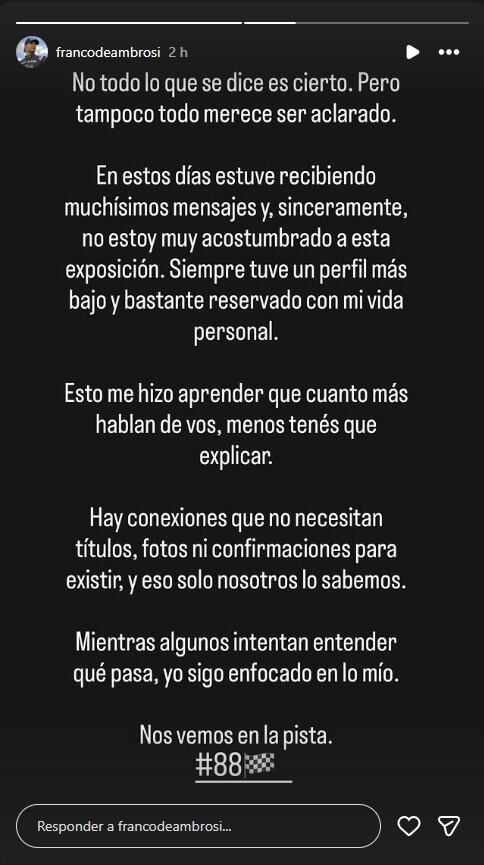 El descargo de Franco luego de ser señalado como el tercero en discordia (Instagram)