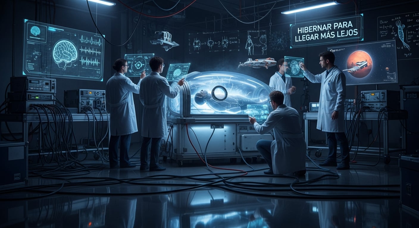 Científicos en un laboratorio avanzado estudian la hibernación humana en una cápsula experimental, con datos cerebrales y planes de viajes a Marte en las pantallas. (Imagen Ilustrativa Infobae)