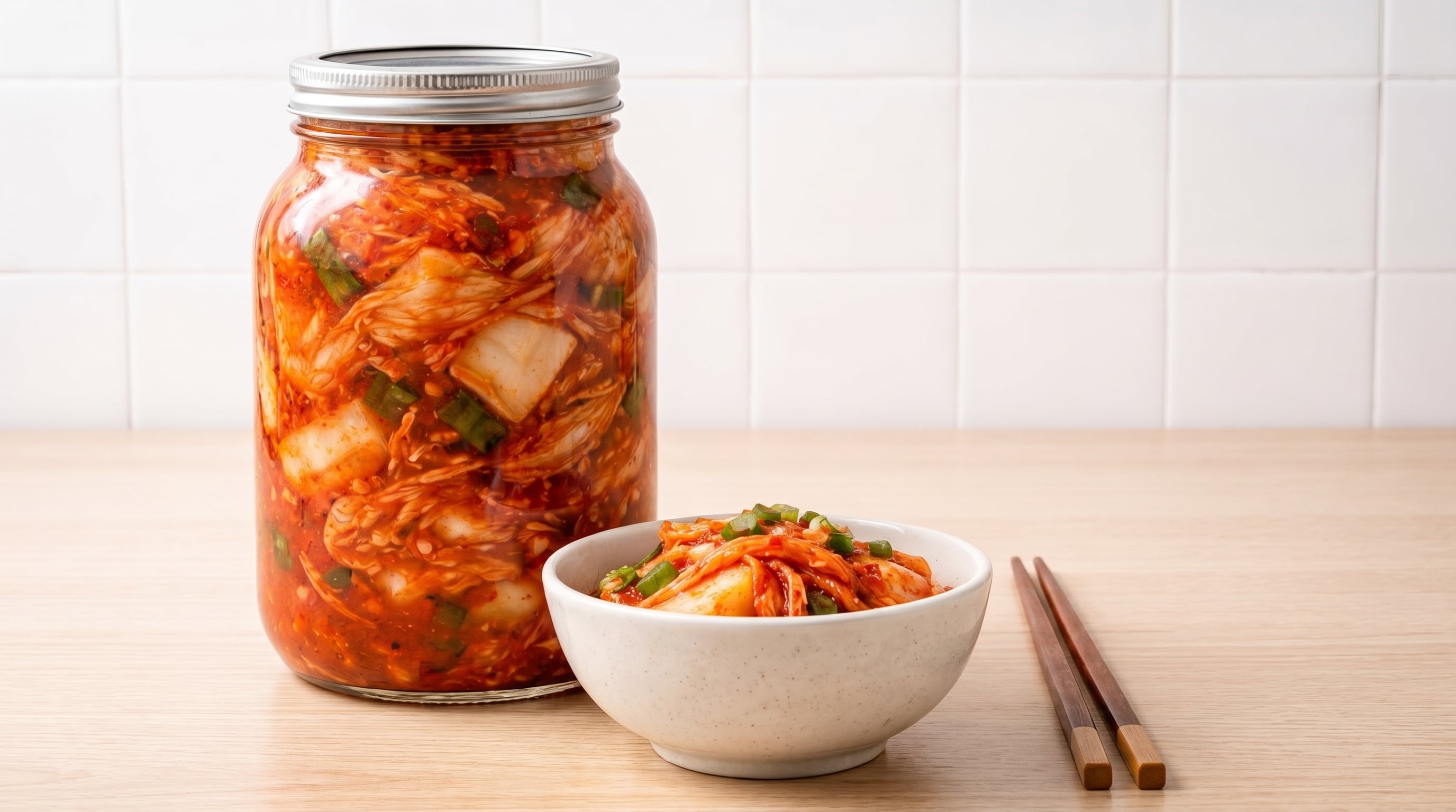 Un tarro de kimchi casero y un tazón servido, mostrando la vibrante gastronomía coreana que se ha convertido en un fenómeno culinario global. (Imagen Ilustrativa Infobae)