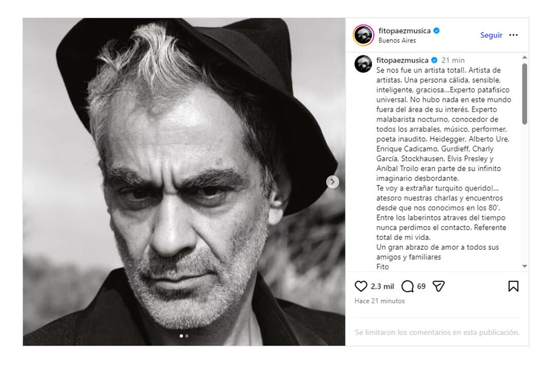 Un retrato en blanco y negro de Melingo ilustra el homenaje del músico Fito Páez al artista fallecido.