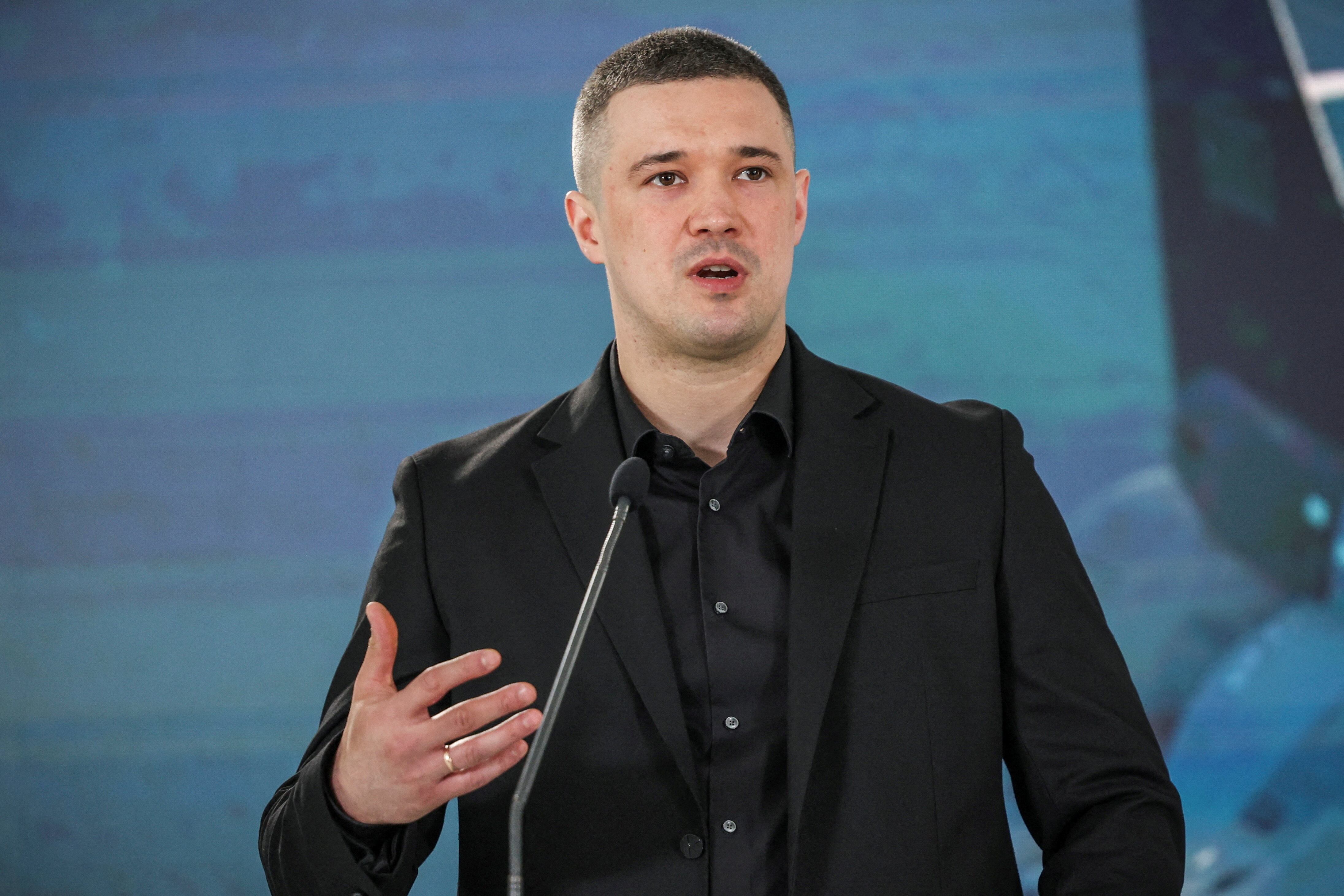 El entonces ministro de Defensa de Ucrania, Mykhailo Fedorov, en una conferencia de prensa en Kiev el 1 de julio de 2026, dos semanas antes de su destitución (REUTERS/Alina Smutko/archivo)