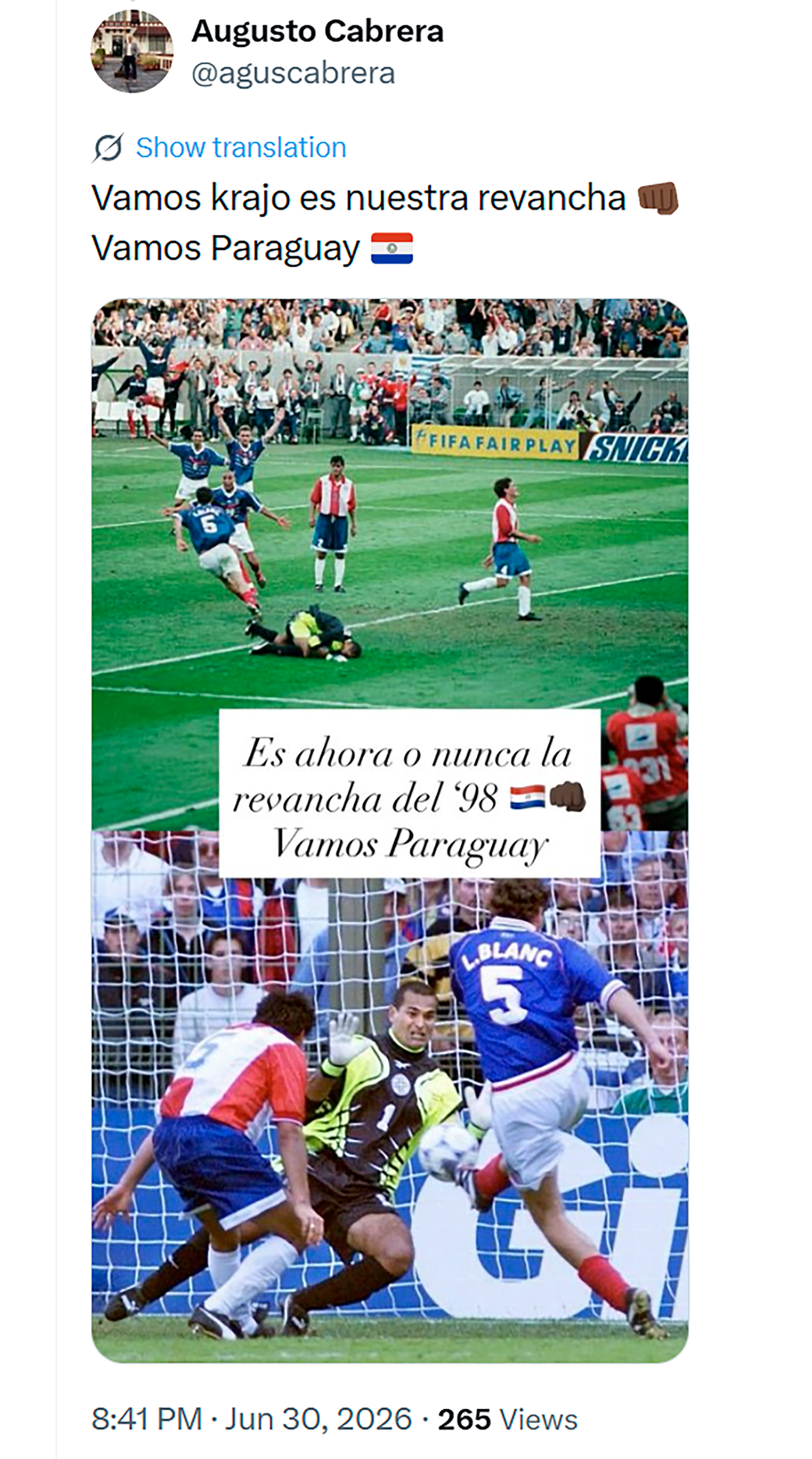 El recuerdo de un usuario del partido que Francia le ganó á Paraguay en el Mundial 1998 con un gol en tiempo suplementario 