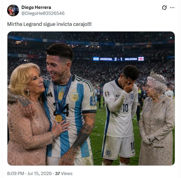 Mirtha Legrand festejando con Enzo Fernández, mientras la Reina Isabel consuela a Bellingham