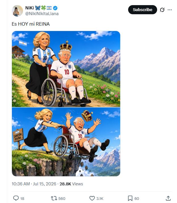 Mirtha empuja al Rey Carlos —con la camiseta inglesa— por un precipicio, ilustrando una escena de Heidi