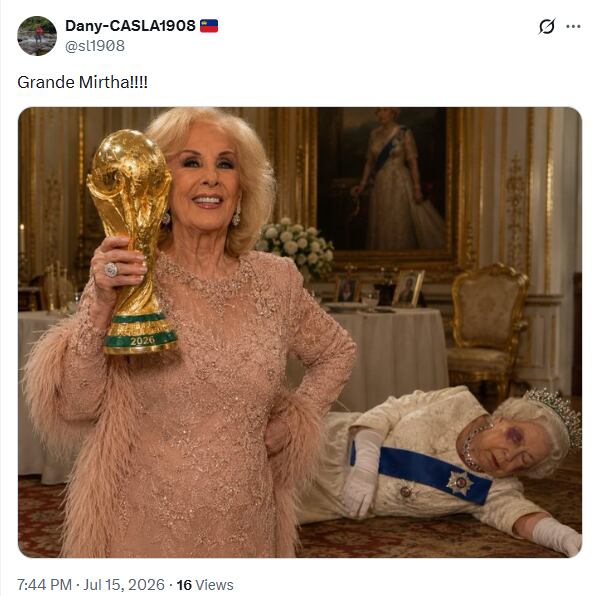 Mirtha posa con la Copa del Mundo 2026 mientras la Reina yace derrotada a sus pies