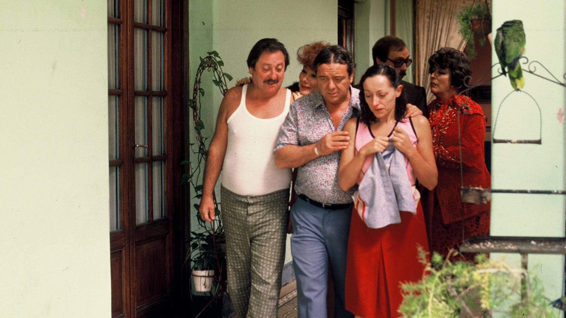 Una escena de Esperando la carroza, en la que aparecen Juan Manuel Tenuta, Betiana Blum, Julio de Grazia, Mónica Villa y detrás Luis Brandoni y China Zorrilla (crédito: Moving Pics)