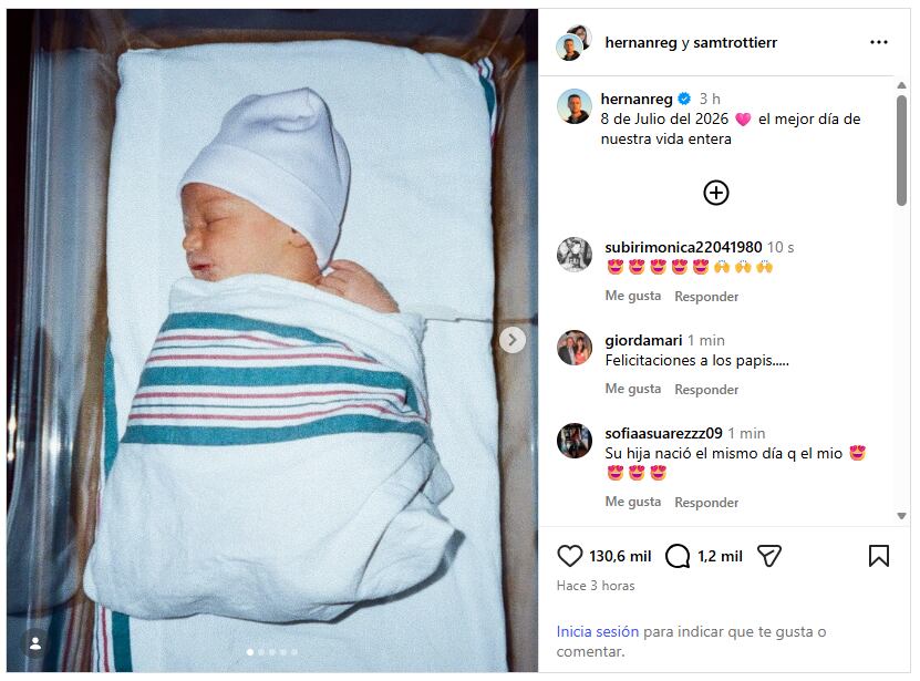 Dalí nació el 8 de julio de 2026 y Samantha Trottier y Hernán Regiardo anunciaron la llegada de su primera hija en redes sociales