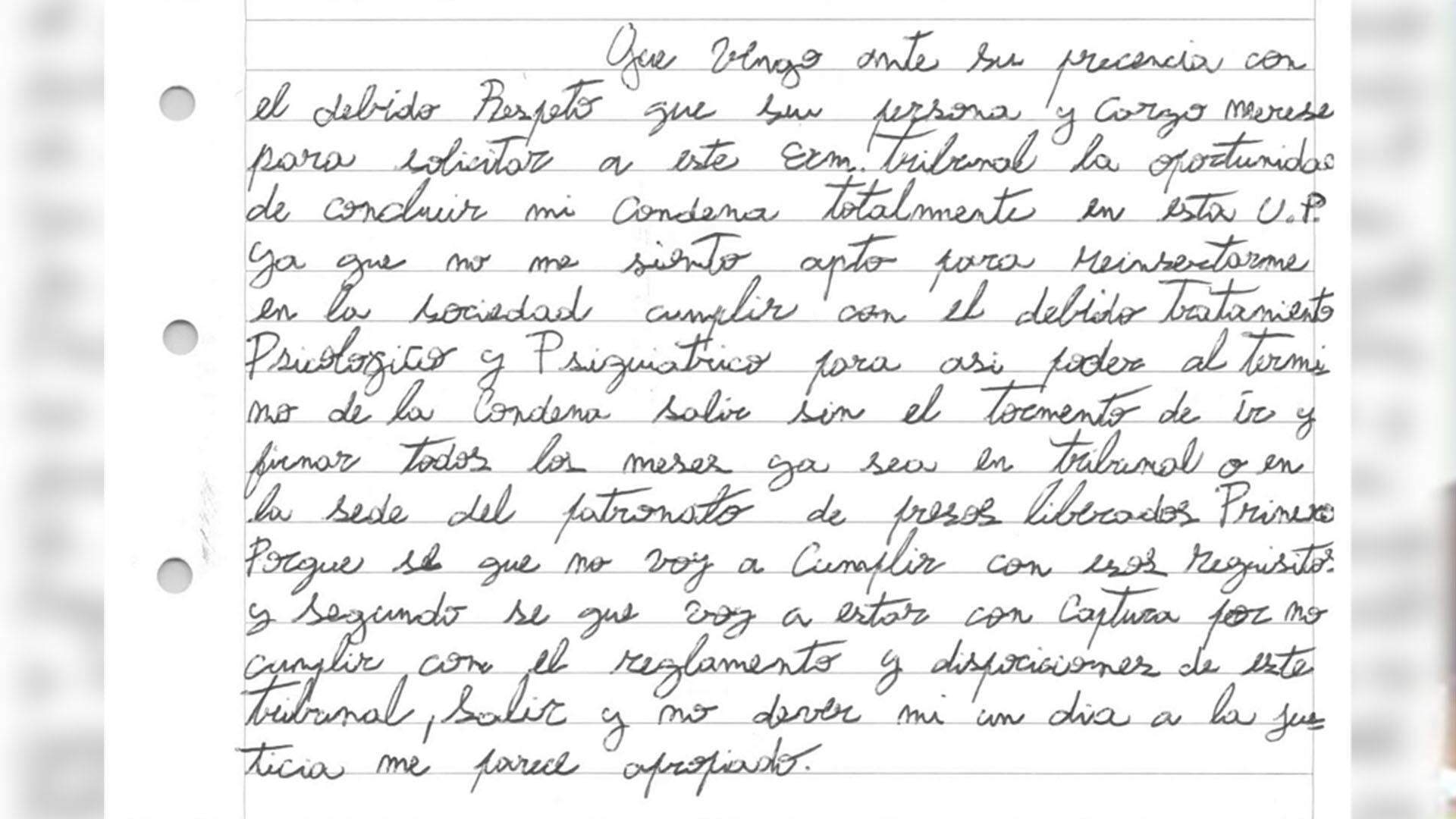 Fragmento de la carta que Augusto Pacicco presentó ante el TOF N° 3 de Córdoba para que no le concedan la libertad.