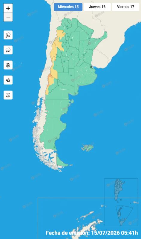 El mapa del Servicio Meteorológico Nacional muestra las alertas por fenómenos como lluvias, nevadas y vientos en varias provincias del oeste