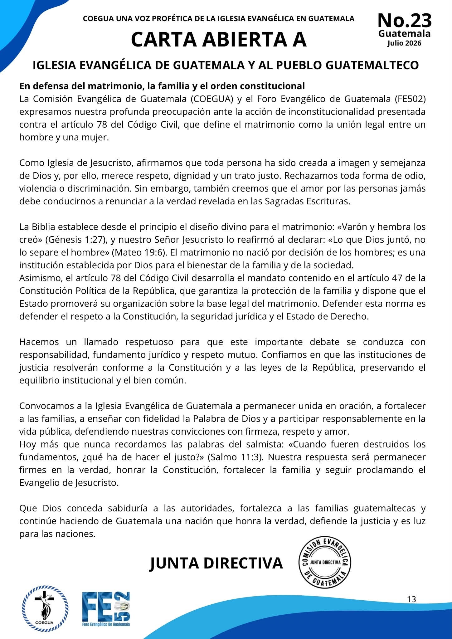 Organizaciones evangélicas rechazan impugnación al artículo 78 del Código Civil con relación al matrimonio igualitario en Guatemala
