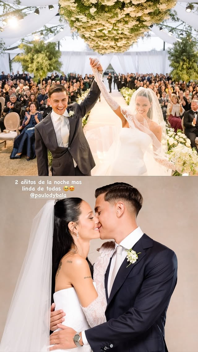 Oriana Sabatini y Paulo Dybala, durante su boda, saludan a los invitados y se besan en un retrato cercano.