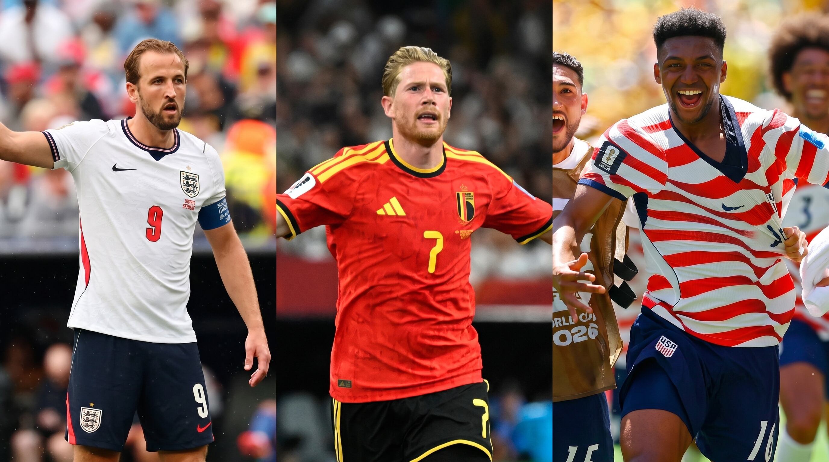 Los futbolistas Harry Kane (Inglaterra), Kevin De Bruyne (Bélgica) y Alex Freeman (Estados Unidos), protagonistas de los duelos de 16avos de final del Mundial (Imagen Ilustrativa Infobae)