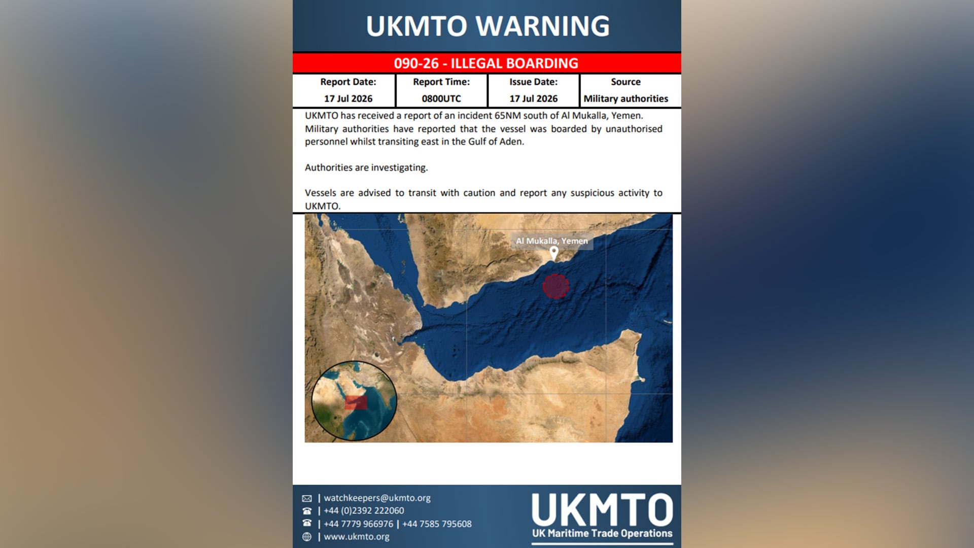 Piratas somalíes tomaron el control de un buque tanque en el Golfo de Adén (UKMTO)