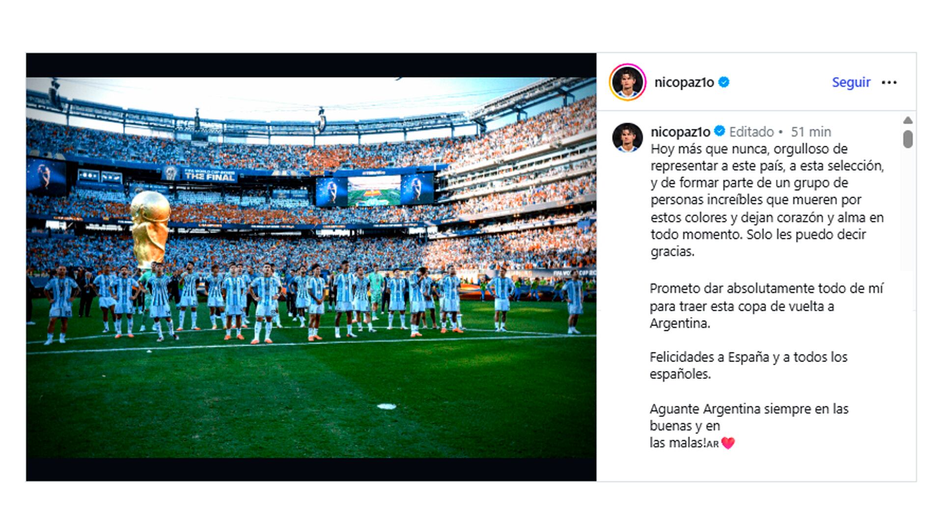 Nico Paz felicitó a España y a los españoles en su publicación, antes de reafirmar su compromiso con la camiseta argentina