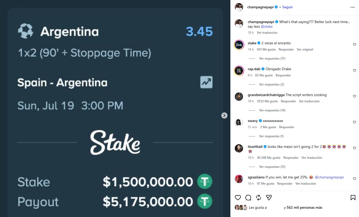 Drake redobla su apoyo a Argentina antes de la final ante España