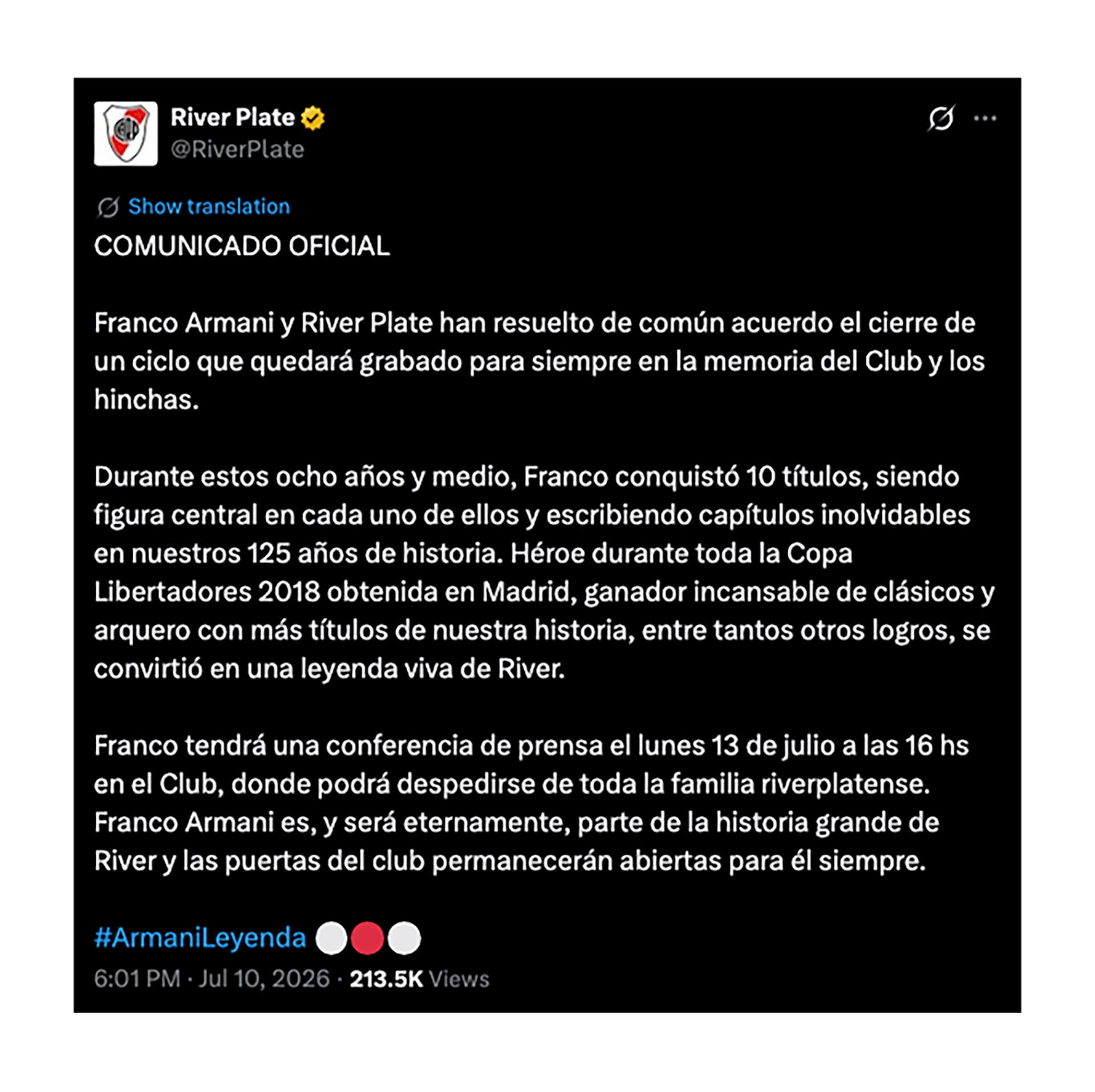 El comunicado oficial de River Plate para anunciar la salida de Franco Armani (@RiverPlate)