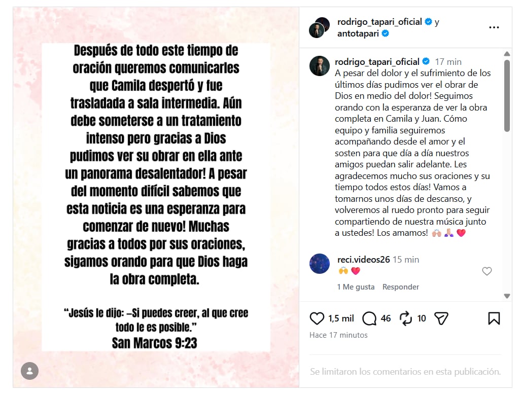 Rodrigo Tapari informó que Camila Martínez despertó y fue trasladada a sala intermedia tras el accidente en Panamericana