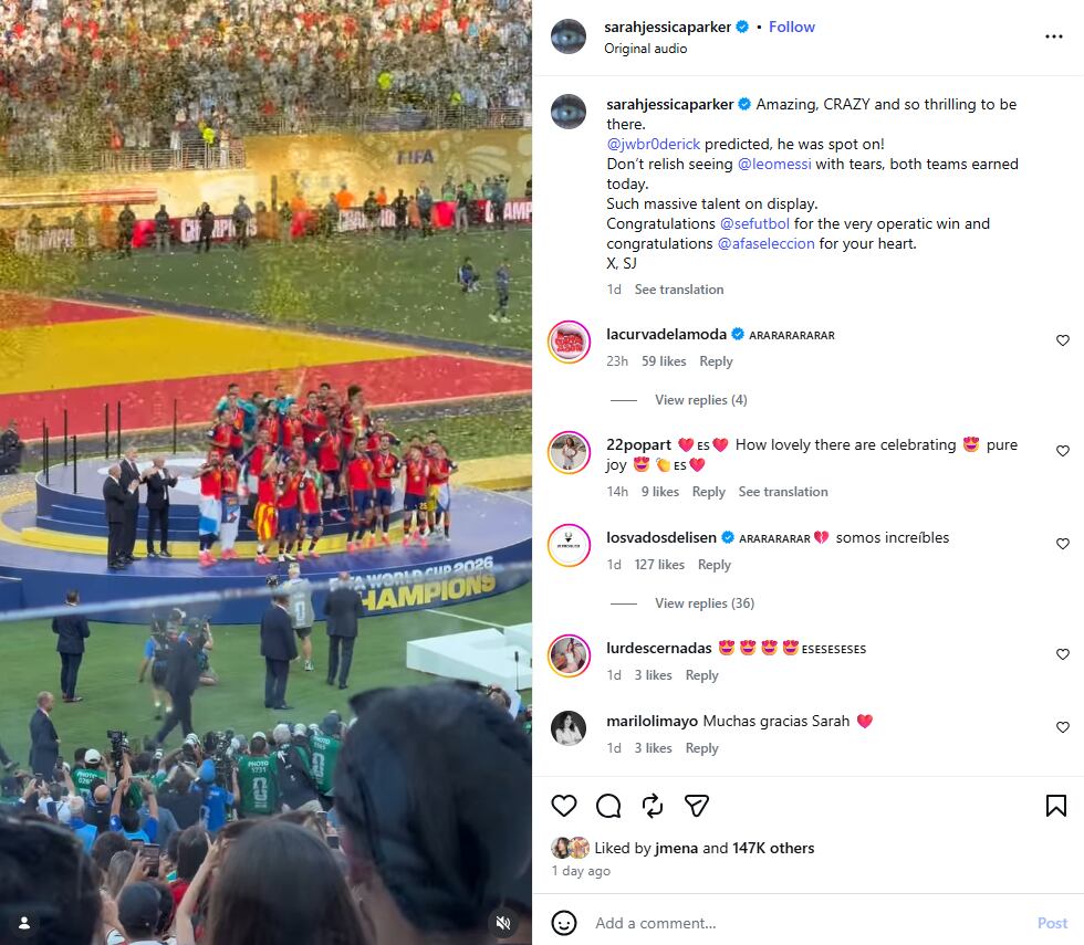 Sarah Jessica Parker respaldó a Lionel Messi tras la derrota de Argentina ante España en la final del Mundial 2026