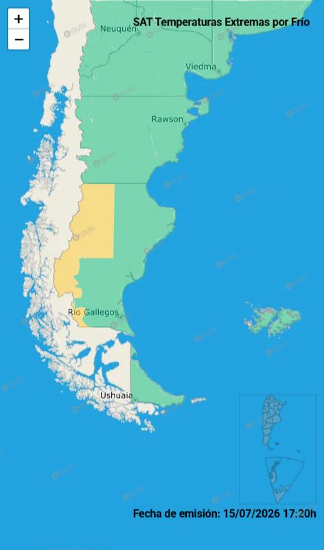 Un mapa del Servicio Meteorológico Nacional argentino indica una alerta SAT por temperaturas extremas de frío en Santa Cruz