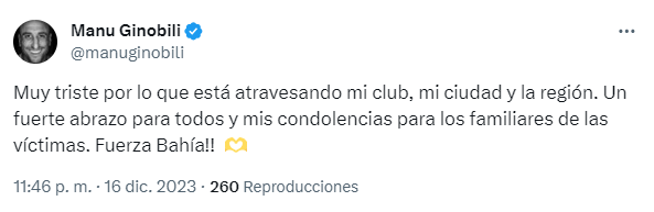 La publicación que realizó el ex deportista luego de conocerse la tragedia en el Club Bahiense del Norte (Foto/@manuginobilli)
