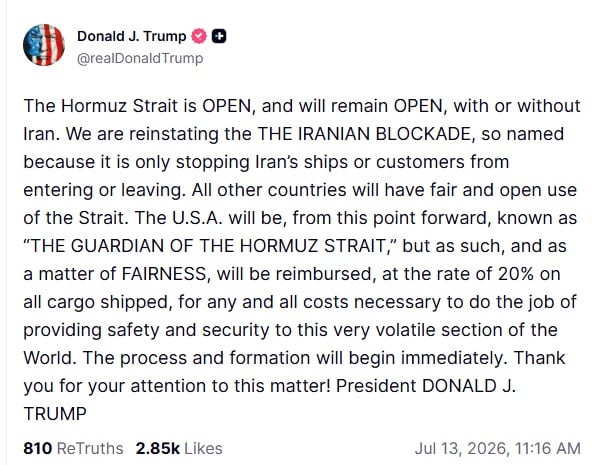 Mensaje de Donald Trump en Truth Social sobre el costo de custodiar el estrecho de Ormuz