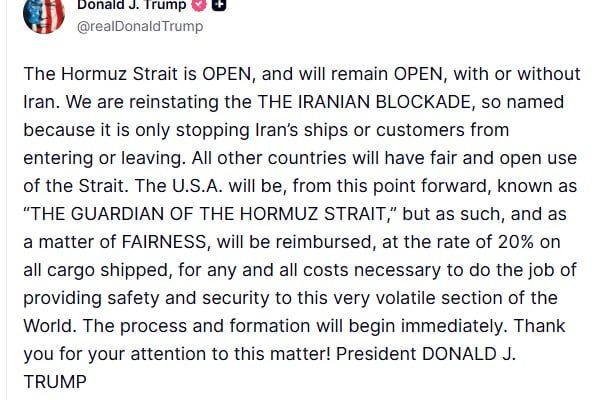 Trump anunció que se reinstalará el bloqueo a Irán y fijó el precio que cobrará Estados Unidos por custodiar el estrecho de Ormuz