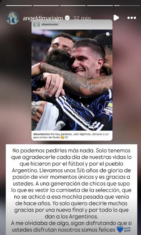 Yanina Latorre compartió el audio que le envió Ángel Di María previo a la final con España: “Me da ansiedad”