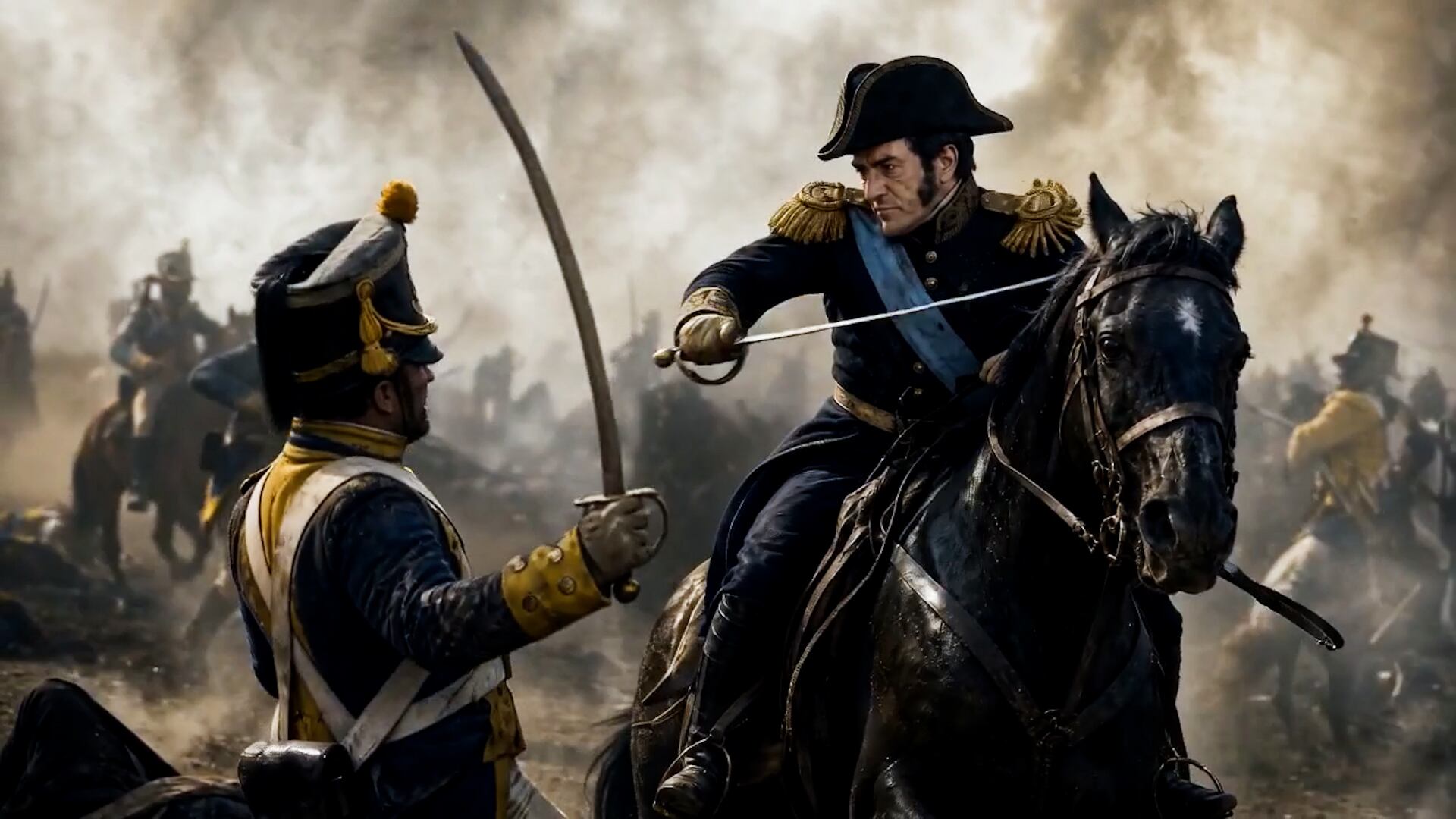 San Martín carga a caballo contra los realistas en esta escena de 