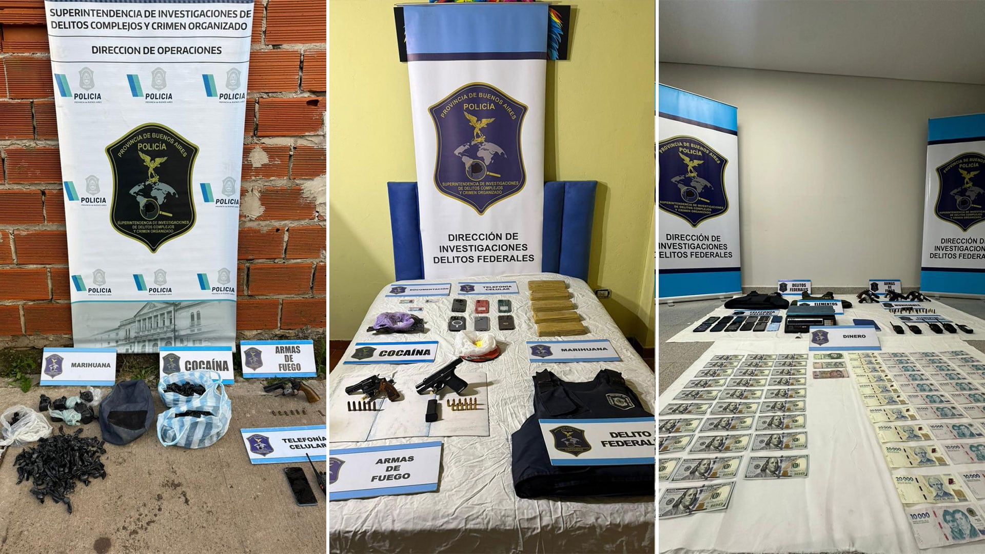 Los agentes secuestraron armas de fuego, estupefacientes, vehículos, dinero en efectivo y demás elementos de interés 