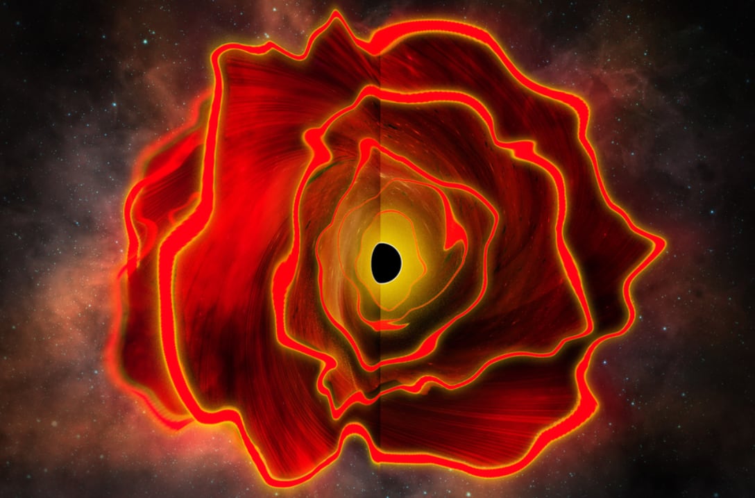 Una representación abstracta de una cuasiestrella o agujero negro exhibe un núcleo oscuro y capas de energía brillante sobre un fondo estelar. (José-Luis Olivares/MIT)