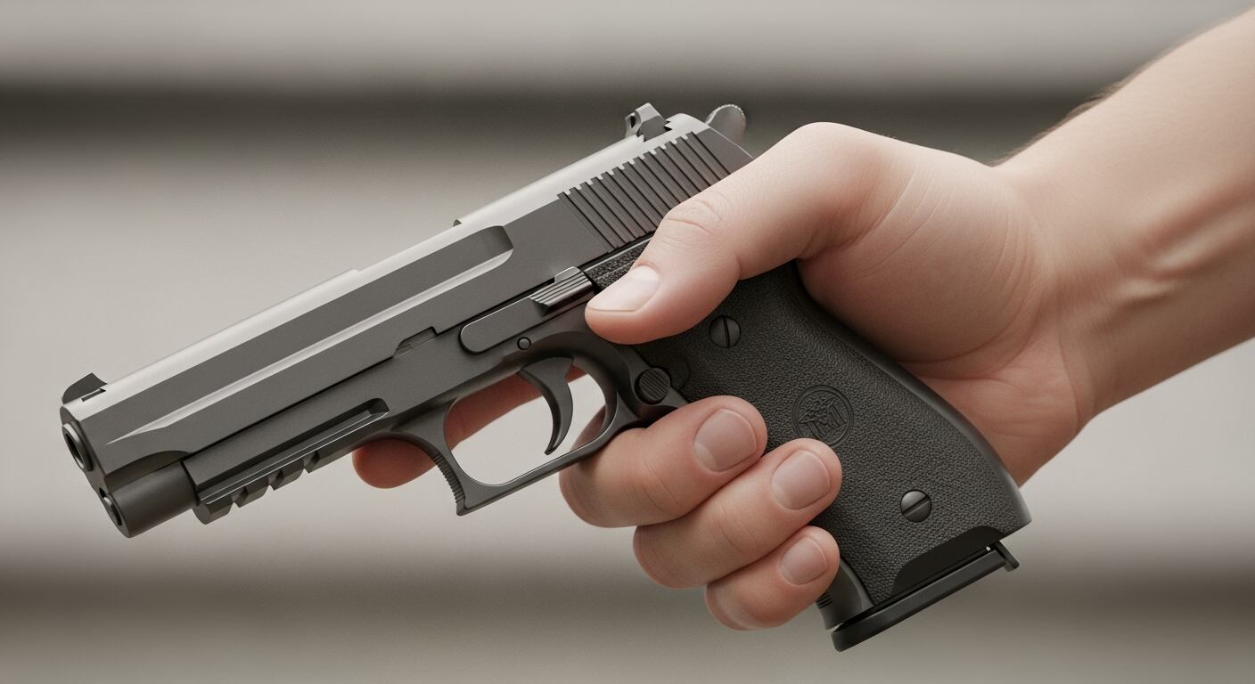 Una mano sujeta con firmeza una pistola semiautomática en un fondo neutro. (Imagen Ilustrativa Infobae)