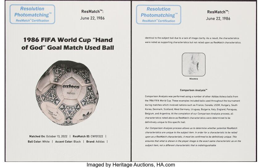 El certificado de autenticidad del balón Adidas Azteca del partido entre Argentina e Inglaterra de 1986. (Heritage Auctions)