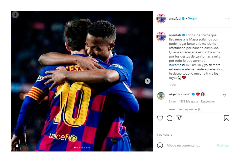 El posteo que le dedicó Ansu Fati a Lionel Messi tras su salida del Barcelona. El joven español fue el encargado de utilizar la 10 que dejó vacante el astro rosarino