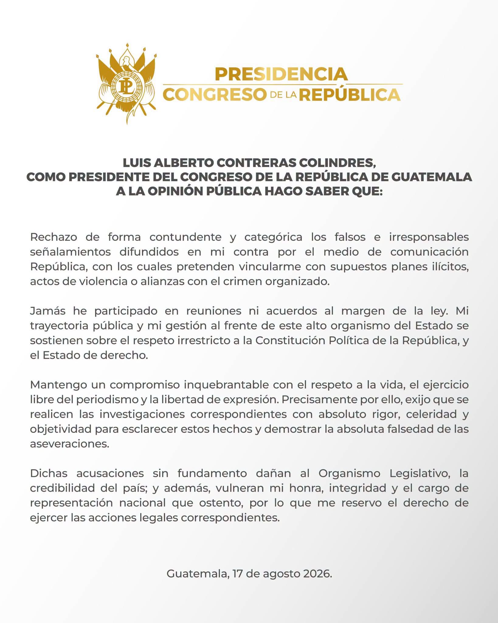 El presidente del Congreso de la República de Guatemala, Luis Alberto Contreras Colindres, emite un comunicado, rechaza acusaciones en su contra y solicita investigaciones. (Congreso de la República de Guatemala)