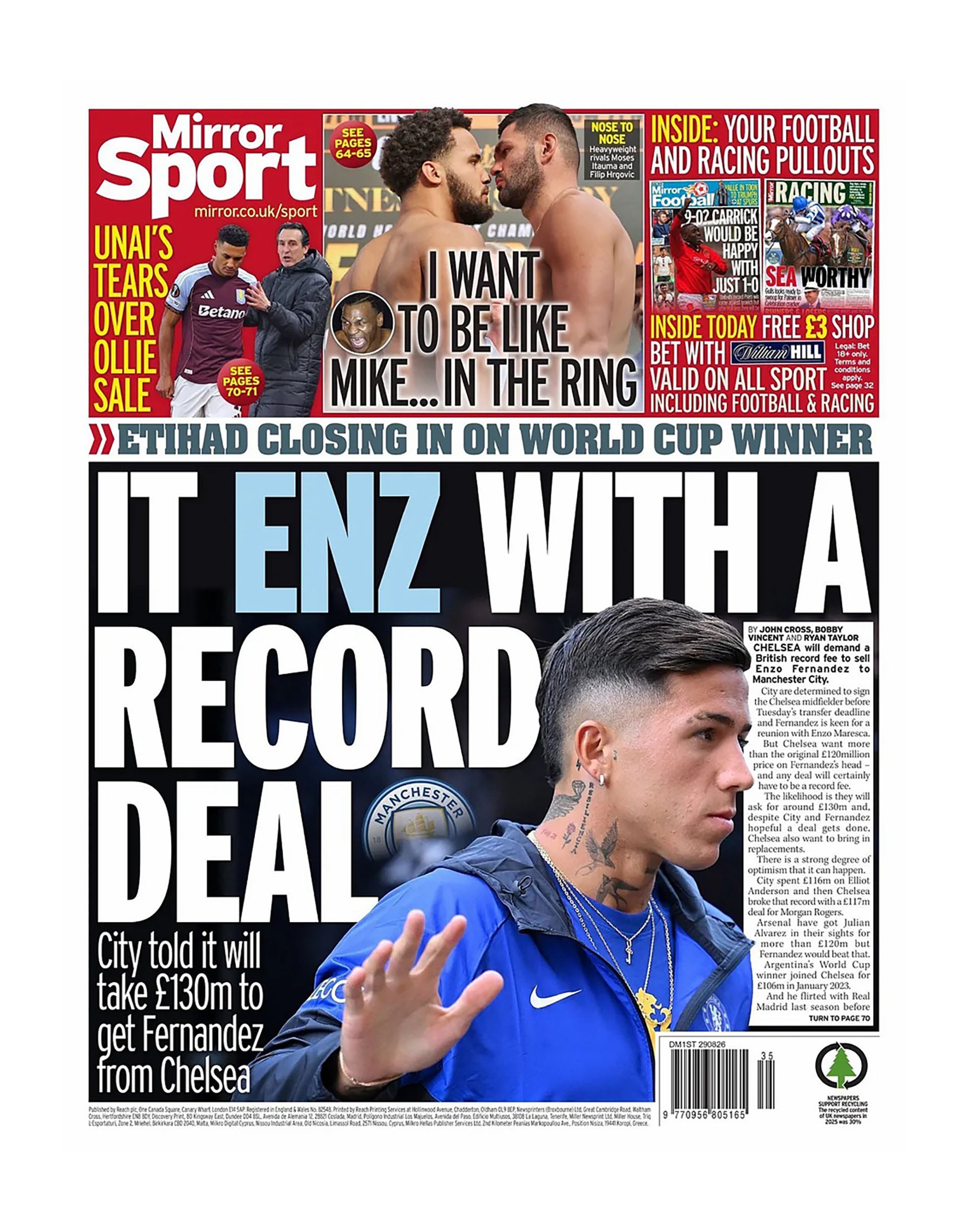 La portada del periódico británico Mirror Sport informa sobre la propuesta del Manchester City para fichar a Enzo Fernández por 130 millones de libras.