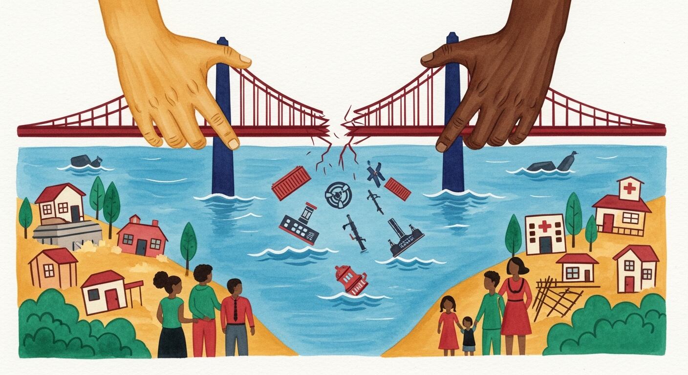 Dos manos sostienen un puente fragmentado sobre un río, del cual caen iconos de contenedores, laboratorios y armas, con figuras humanas en las orillas que observan edificios precarios. (Imagen Ilustrativa Infobae)